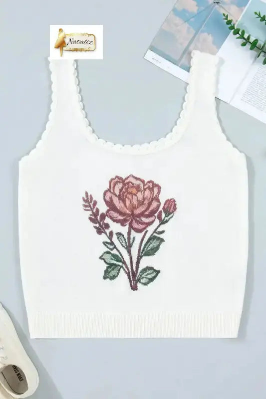 White Plus Size Floral Print Scalloped Trim Square Neck Sweater Vest Nataliz
