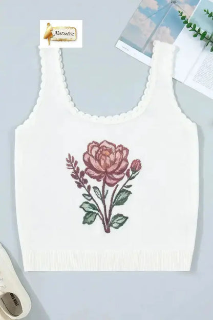 White Plus Size Floral Print Scalloped Trim Square Neck Sweater Vest Nataliz
