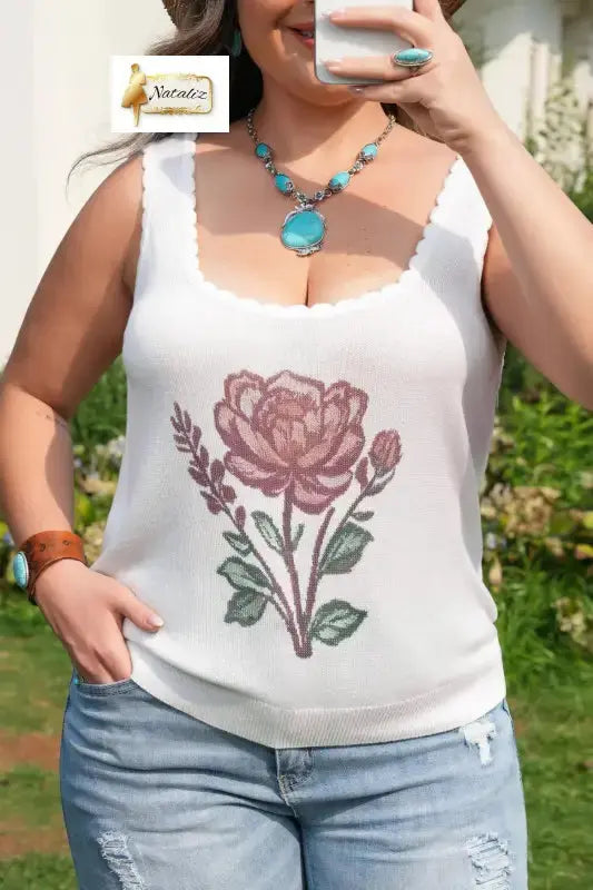 White Plus Size Floral Print Scalloped Trim Square Neck Sweater Vest Nataliz