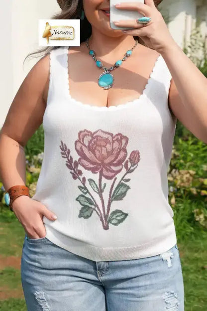 White Plus Size Floral Print Scalloped Trim Square Neck Sweater Vest Nataliz