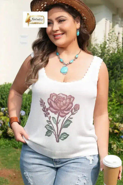 White Plus Size Floral Print Scalloped Trim Square Neck Sweater Vest Nataliz