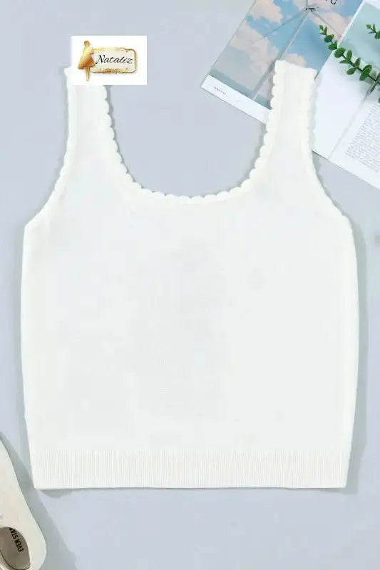 White Plus Size Floral Print Scalloped Trim Square Neck Sweater Vest Nataliz