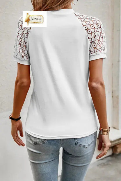 White Seamed Detail Contrast Lace Raglan Sleeve Tee Dear-Lover Dropshipping