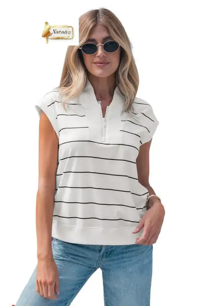 White Stripe Color Block Zip V Neck Sleeveless Top Nataliz