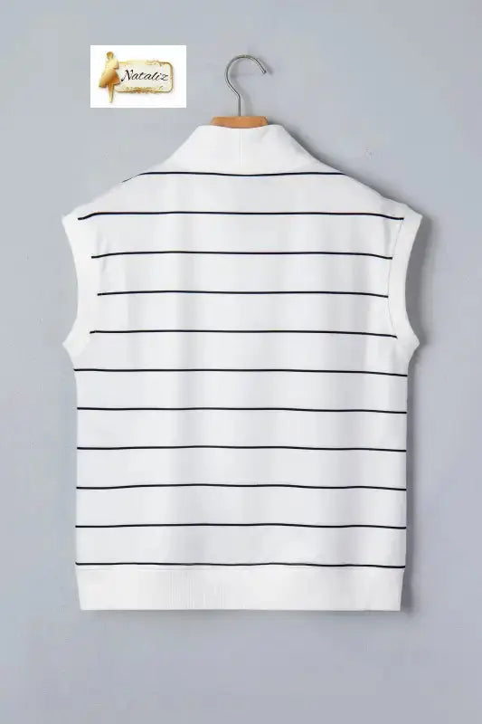 White Stripe Color Block Zip V Neck Sleeveless Top Nataliz