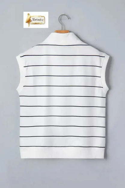 White Stripe Color Block Zip V Neck Sleeveless Top Nataliz
