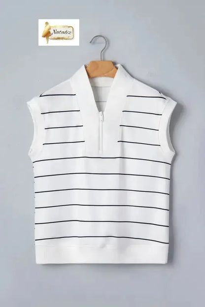 White Stripe Color Block Zip V Neck Sleeveless Top Nataliz