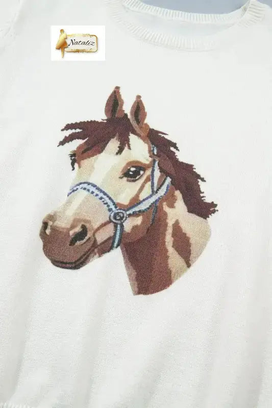 White Wild West Horse Head Printed Short Sleeve Top Nataliz