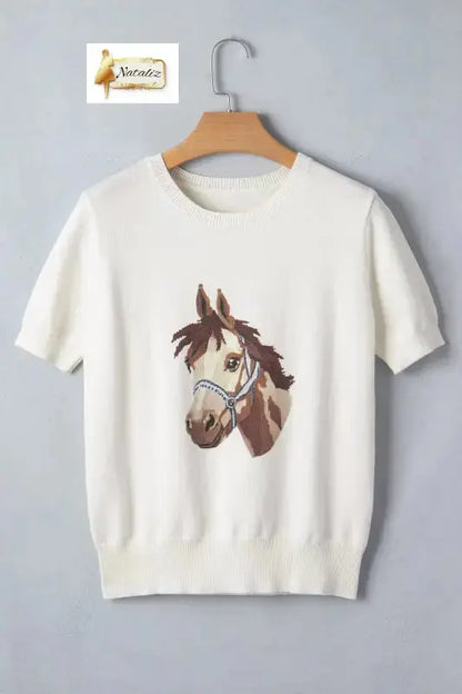 White Wild West Horse Head Printed Short Sleeve Top Nataliz