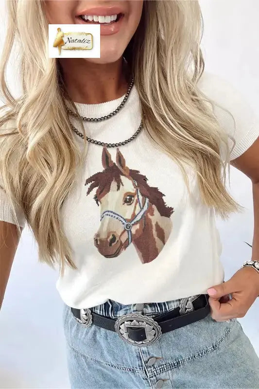 White Wild West Horse Head Printed Short Sleeve Top Nataliz