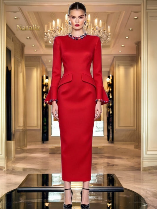 Jewel-Trim Bell Sleeve Midi Dress model front view