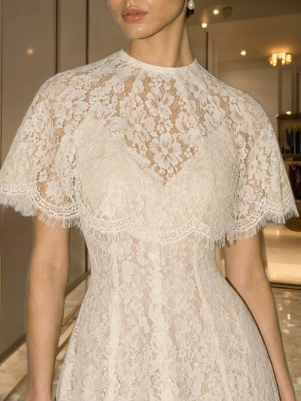 Floral Lace Cape-Sleeve Maxi Dress in Ivory detail view · nz-bg-v1