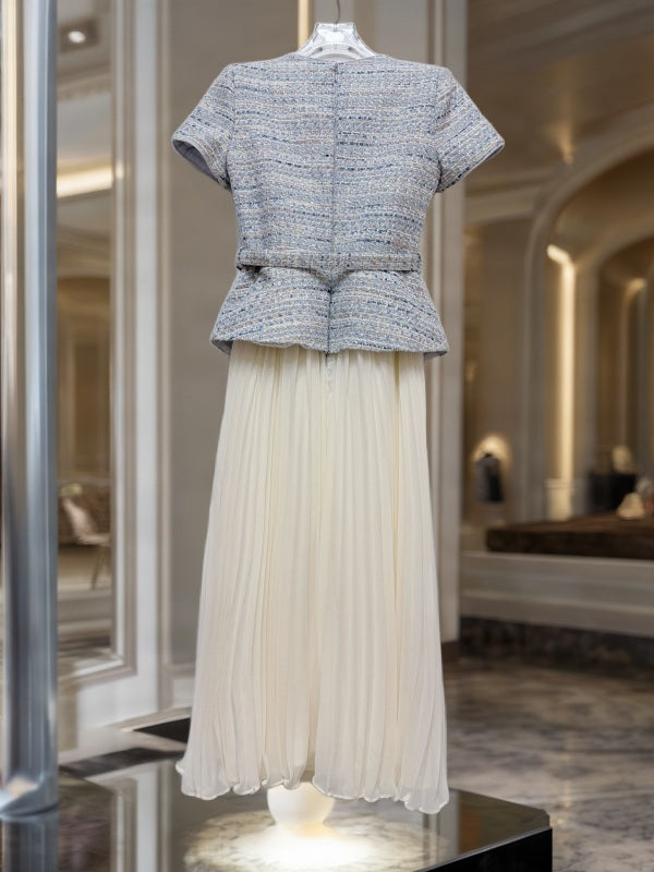 Belted Tweed Top & Pleated Maxi Skirt Set hanging view · nz-bg-v1