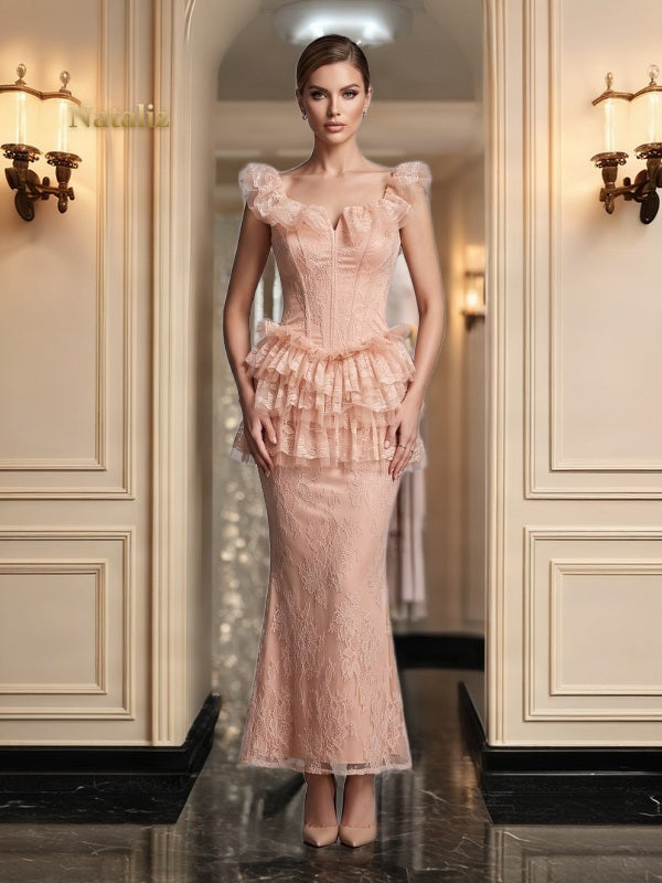 Blush Lace Corset Maxi Dress with Ruffle Peplum model front view · nz-alt-v1