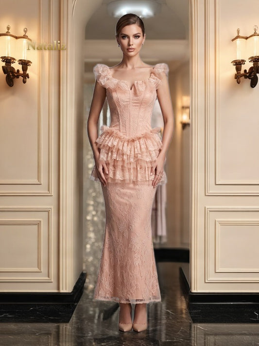 Blush Corset Maxi Dress with Ruffle Peplum model front view