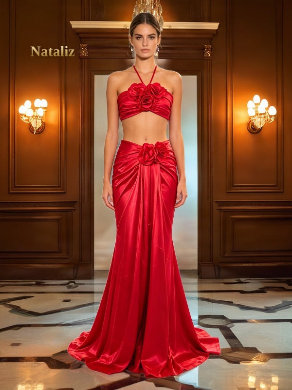 Red Rosette Halter Crop Top and Maxi Skirt Set model front view · nz-alt-v1