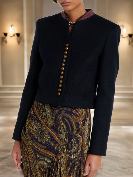 Cropped Military Jacket with Gold Buttons model front view
