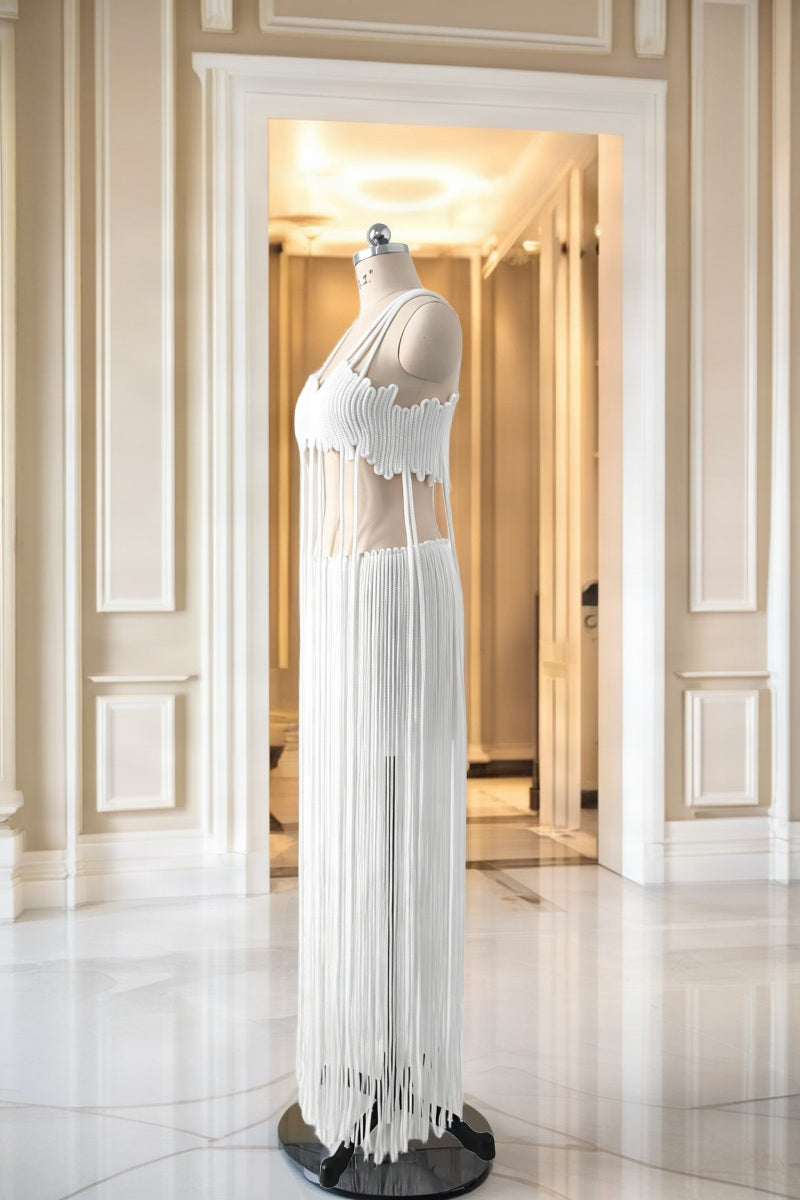 Fringe Maxi Dress in White mannequin view · nz-bg-v1