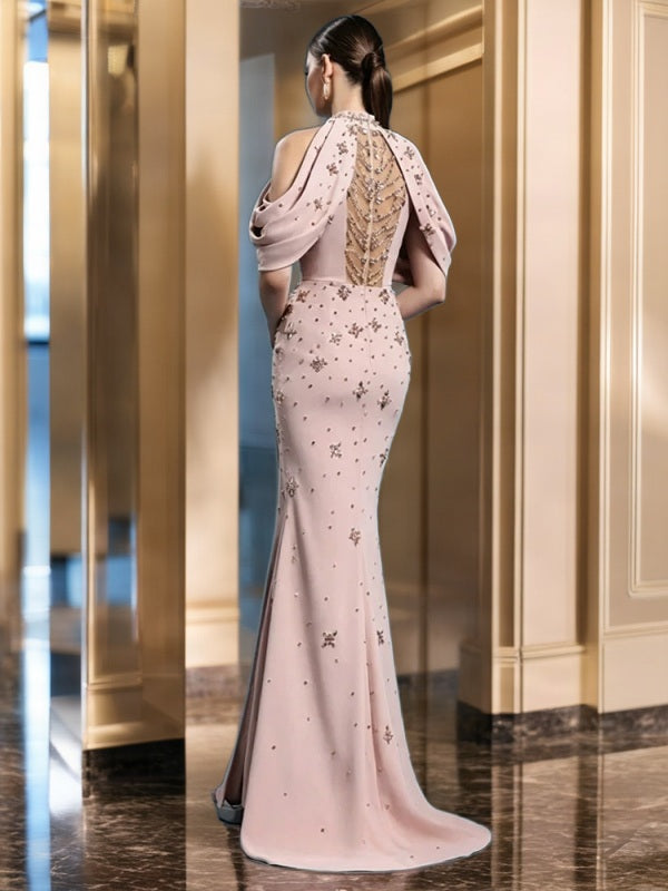 Beaded Halter Maxi Gown in Blush Pink model back view · nz-bg-v1