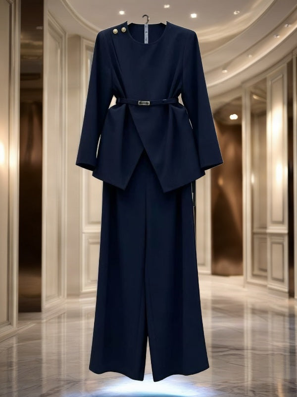 Belted Wrap-Front Top and Wide-Leg Trouser Set flat lay view · nz-bg-v1