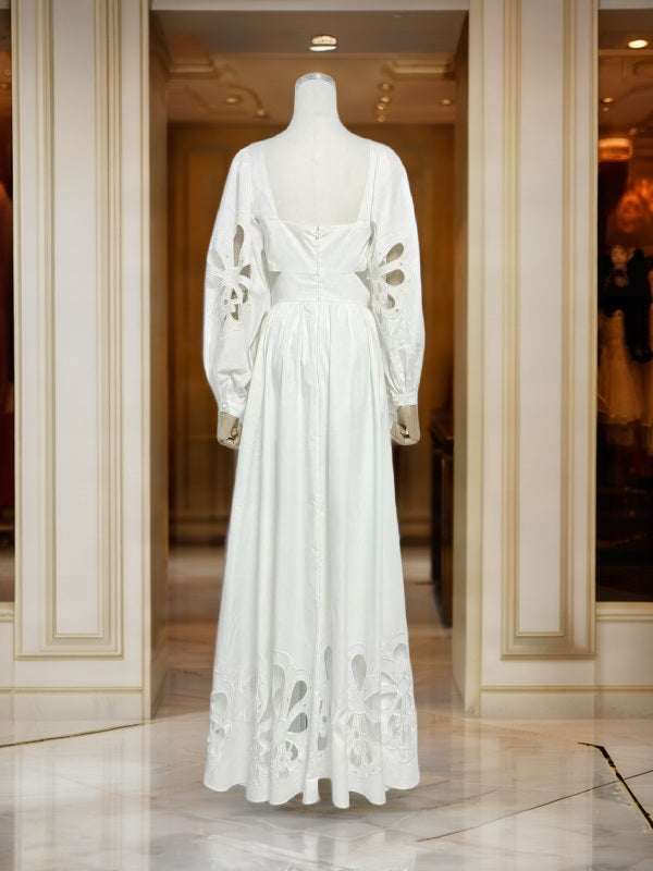 Floral Cutwork High-Low Maxi Dress with Puff Sleeves mannequin view · nz-bg-v1