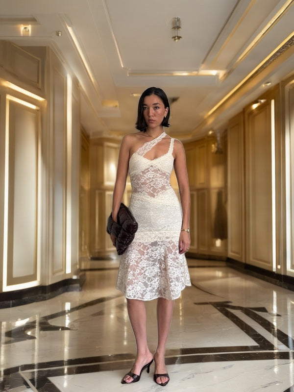 Asymmetric Floral Lace Midi Dress in Ivory model front view · nz-bg-v1