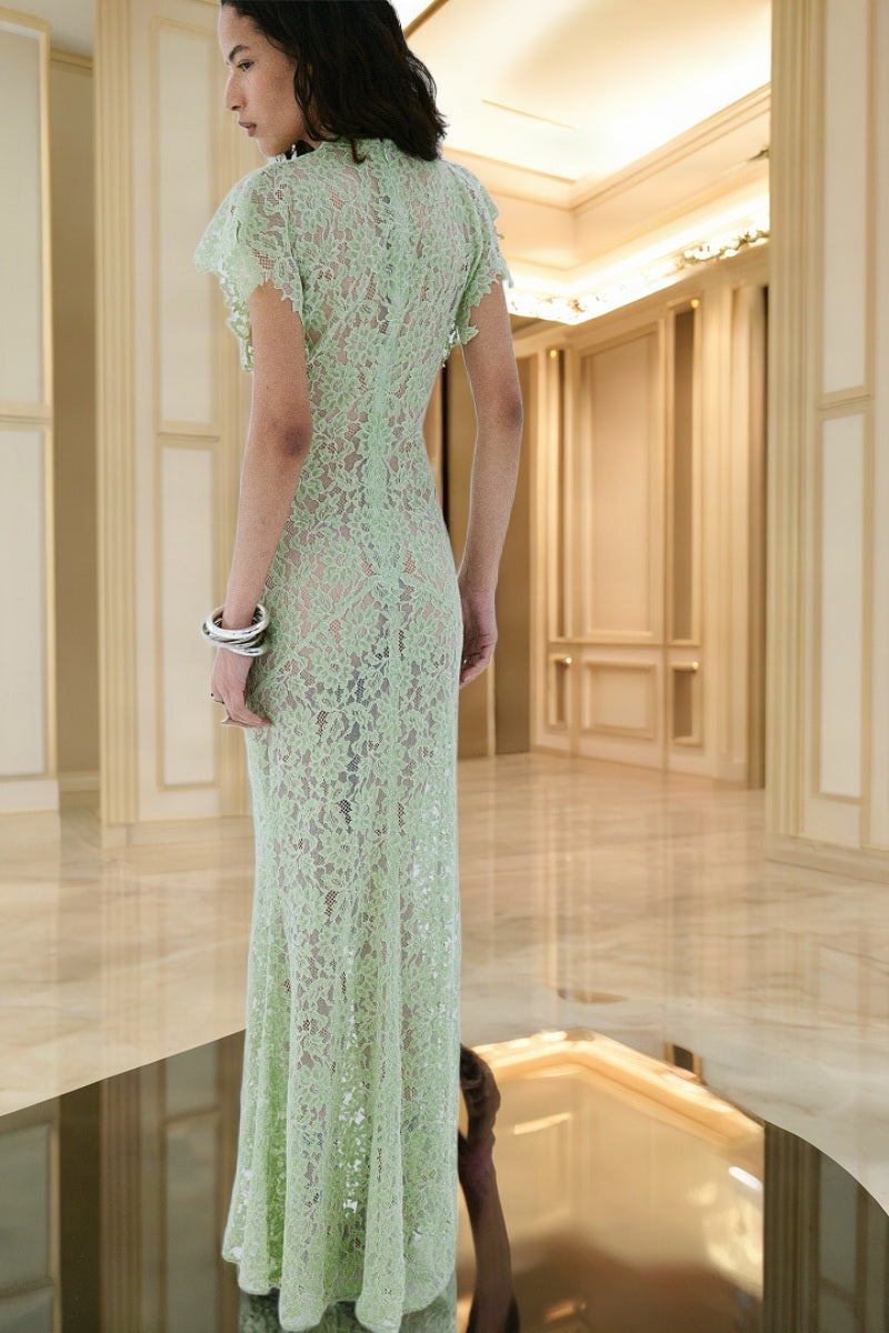 Floral Lace Flutter Sleeve Maxi Gown in Sage model back view · nz-bg-v1