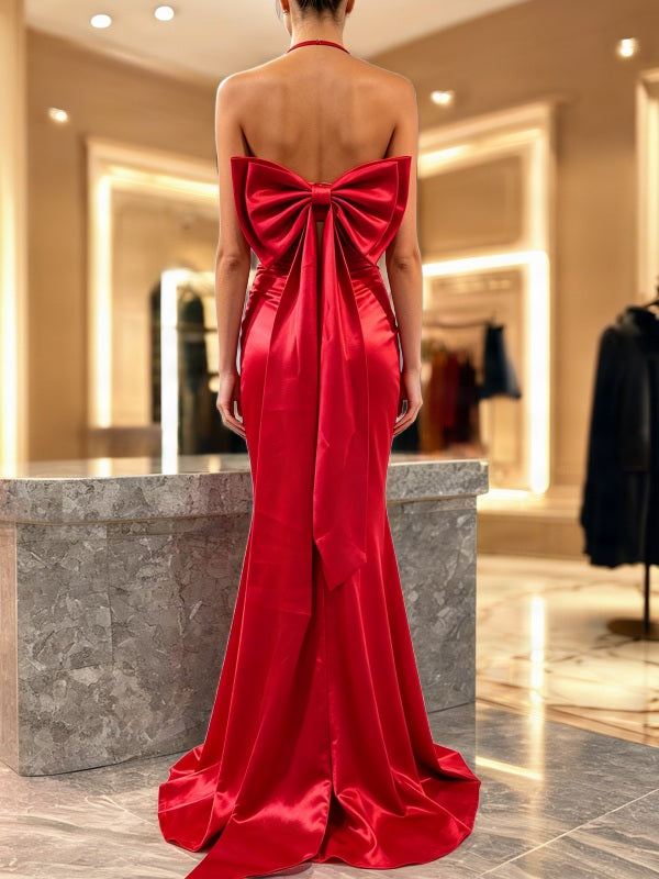Red Halter Bow-Back Two-Piece Gown Set model back view · nz-bg-v1