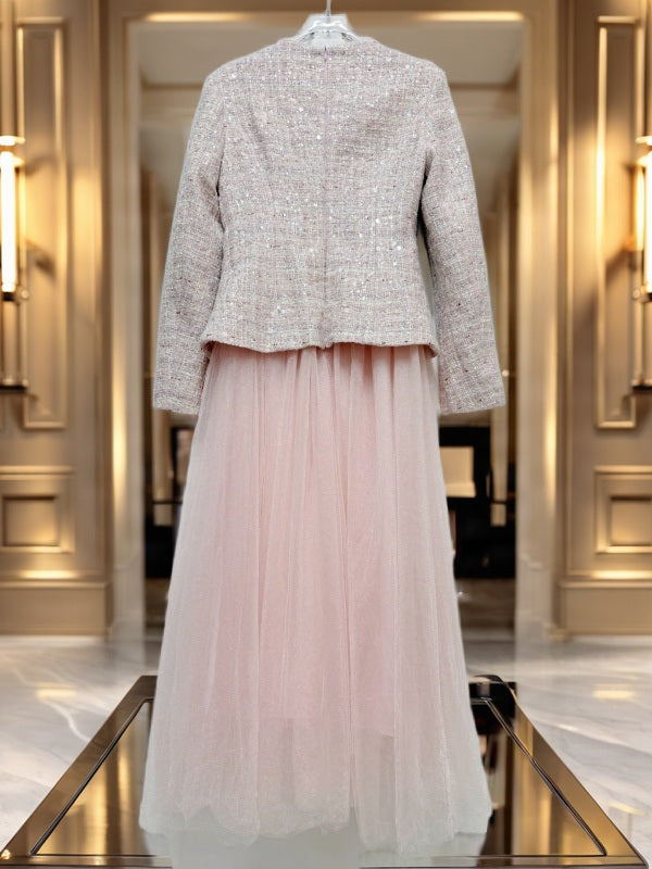 Pink Tweed Jacket and Tulle Midi Skirt Set hanging view · nz-bg-v1