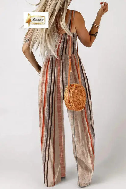 Yellow Stripe Square Neck Sleeveless Smocked Bodice Wide Leg Jumpsuit Nataliz