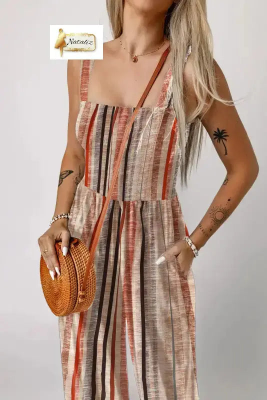 Yellow Stripe Square Neck Sleeveless Smocked Bodice Wide Leg Jumpsuit Nataliz