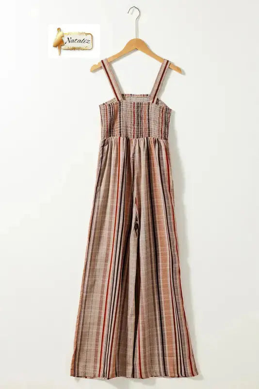 Yellow Stripe Square Neck Sleeveless Smocked Bodice Wide Leg Jumpsuit Nataliz