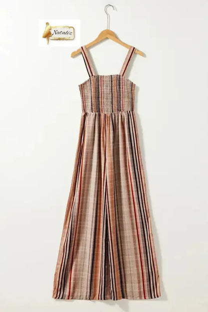 Yellow Stripe Square Neck Sleeveless Smocked Bodice Wide Leg Jumpsuit Nataliz