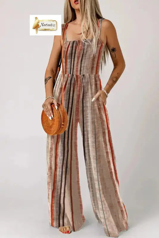 Yellow Stripe Square Neck Sleeveless Smocked Bodice Wide Leg Jumpsuit Nataliz