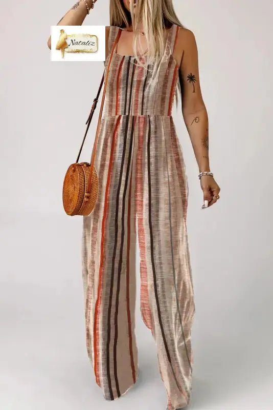 Yellow Stripe Square Neck Sleeveless Smocked Bodice Wide Leg Jumpsuit Nataliz