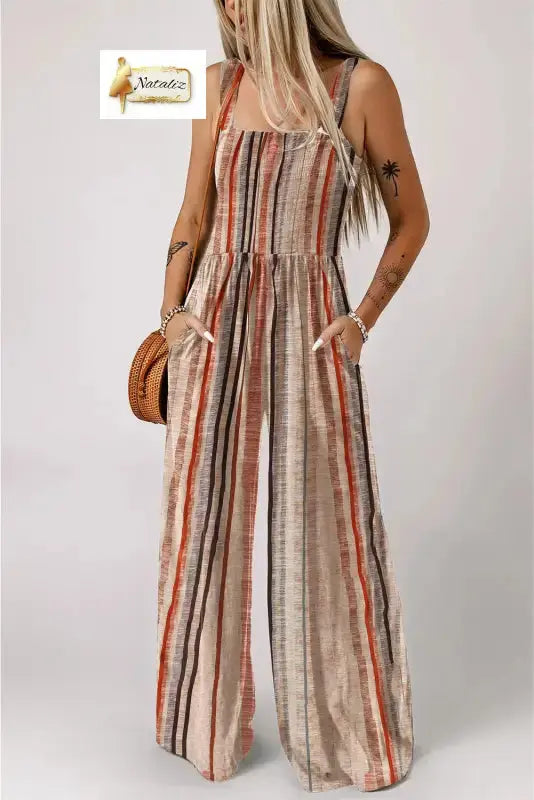 Yellow Stripe Square Neck Sleeveless Smocked Bodice Wide Leg Jumpsuit Nataliz