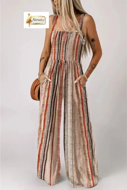 Yellow Stripe Square Neck Sleeveless Smocked Bodice Wide Leg Jumpsuit Nataliz