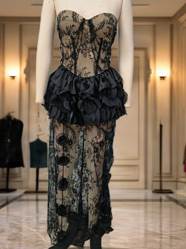 Strapless Lace Corset Maxi Dress with Rosette Detail mannequin view · nz-bg-v1