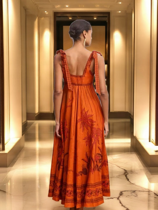 Tie-Shoulder Tropical Print Maxi Dress in Burnt Orange model back view · nz-bg-v1