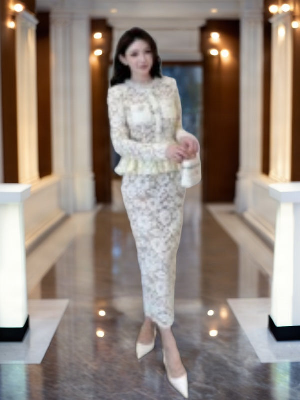 Ivory Lace Peplum Top and Maxi Skirt Set model front view · nz-bg-v1