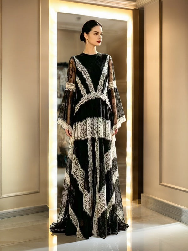 Contrast Lace Maxi Gown with Bell Sleeves model front view · nz-bg-v1
