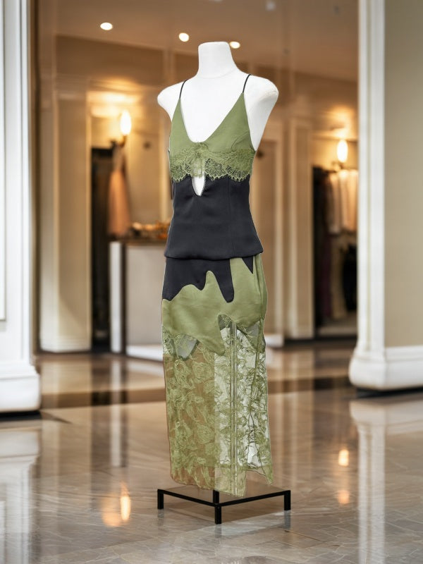 Olive and Black Lace Trim Cami Top and Midi Skirt Set mannequin view · nz-bg-v1