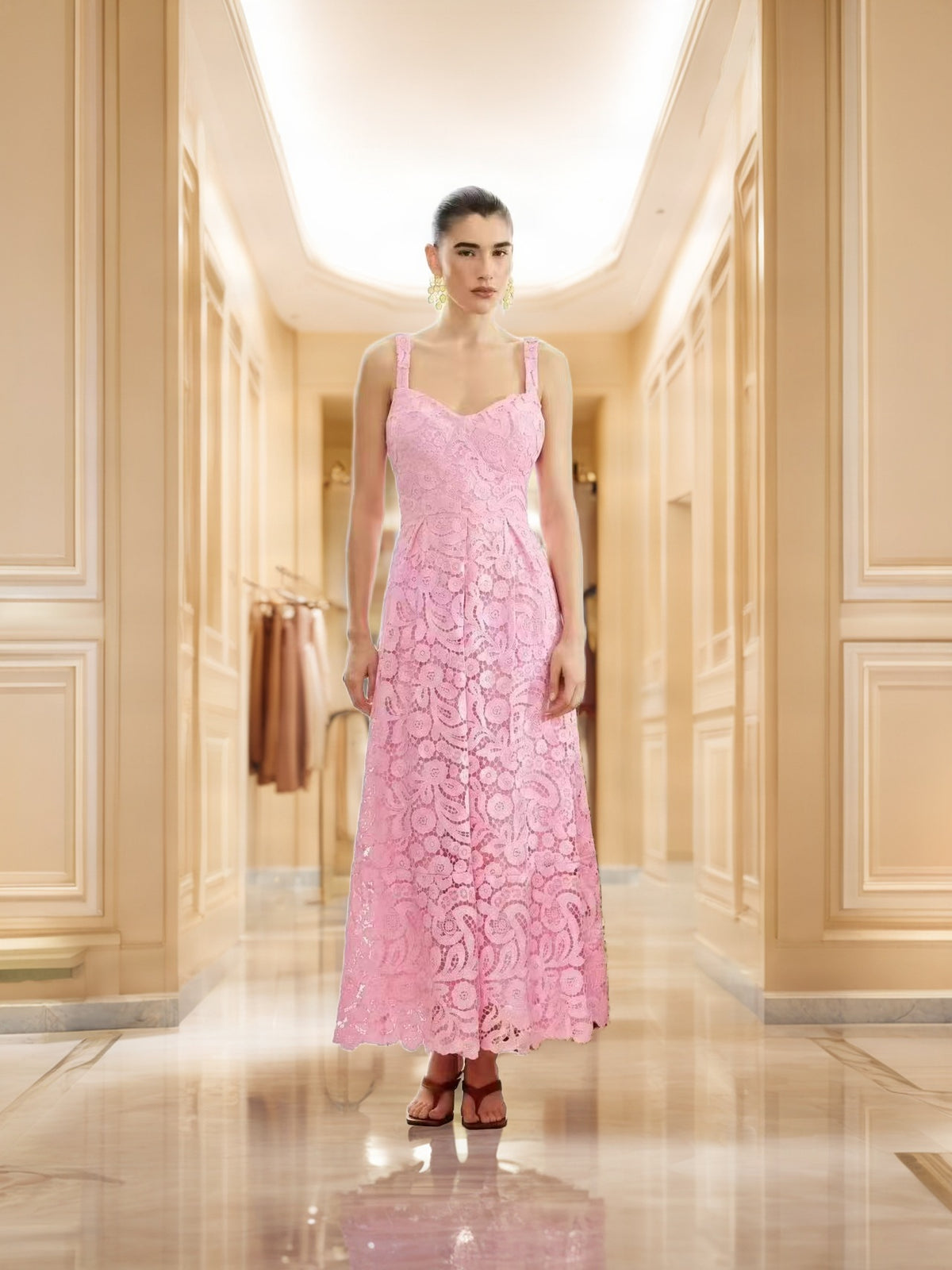 Scalloped Lace Midi Dress with Sweetheart Neckline model front view · nz-bg-v1