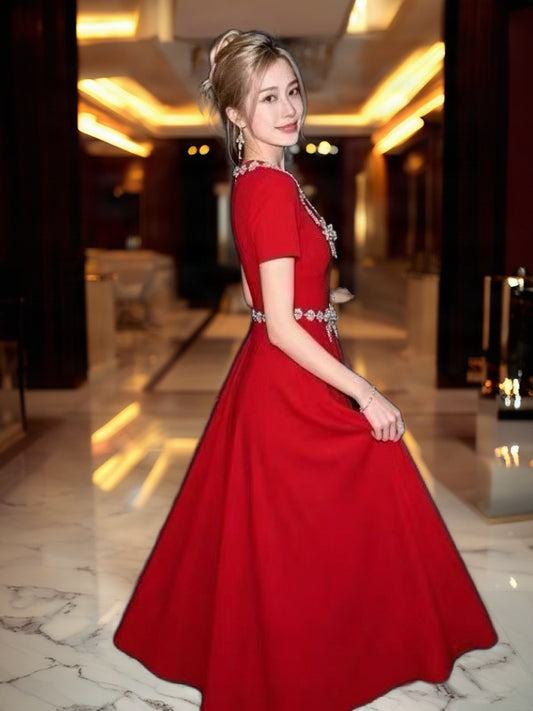 Crystal-Trimmed Short Sleeve Midi Dress side view · nz-bg-v1